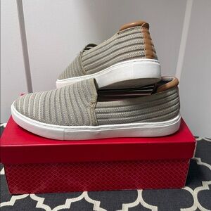 Kelly & Katie Slip-On Knit Flats in Beige with Tan Accent